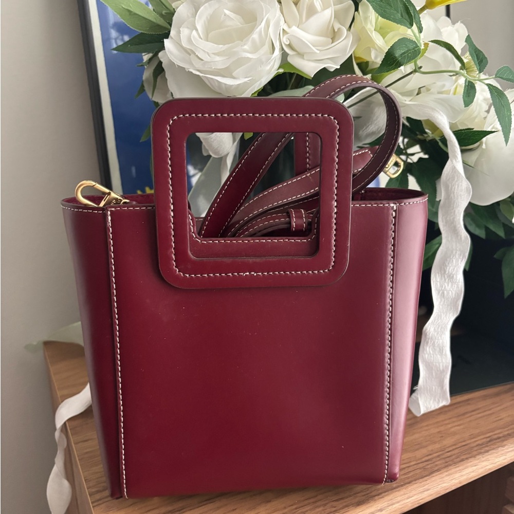 STAUD Burgundy Square-Handle Crossbody Bag